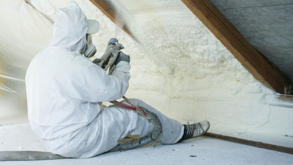 Commercial Spray Foam Insulation with PPE at the attic